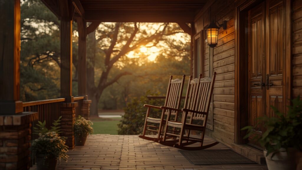 Front porch at golden hour — home is where the conversation starts