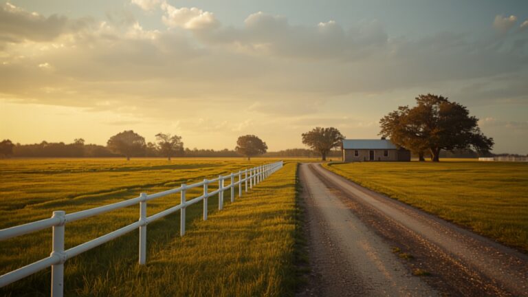 Fence line and gravel drive on open acreage